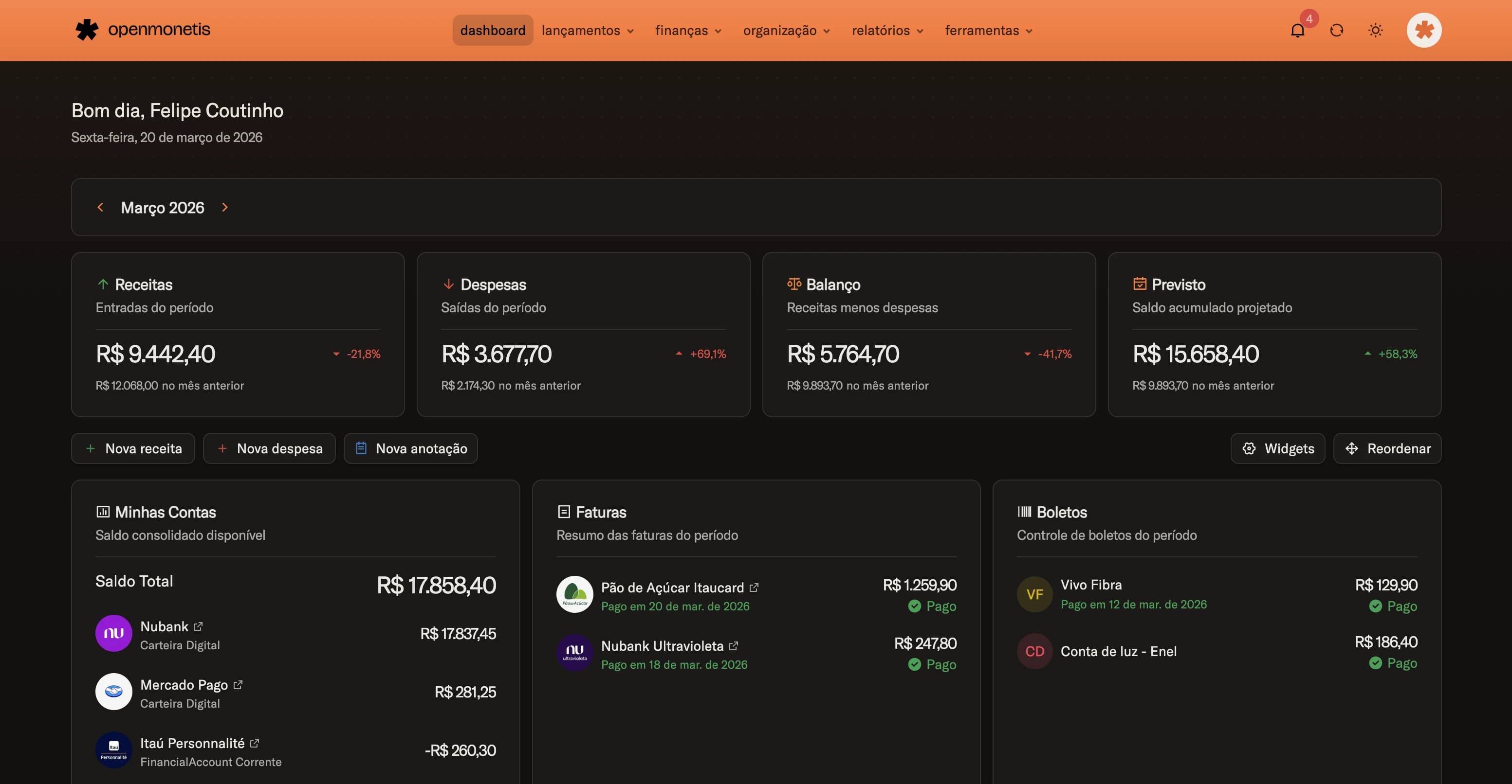 openmonetis Dashboard Preview